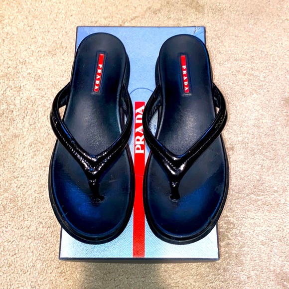 Prada Shoes - Prada black patent leather flip flop size 8